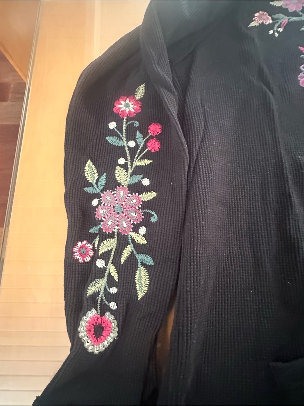 Johnny Was Black Hooded Sweatshirt with Pink & Green Floral Embroidery - Picture 4 of 4